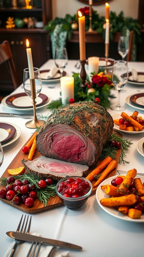 A festive Christmas dinner table with prime rib roast, roasted vegetables, and cranberry relish.